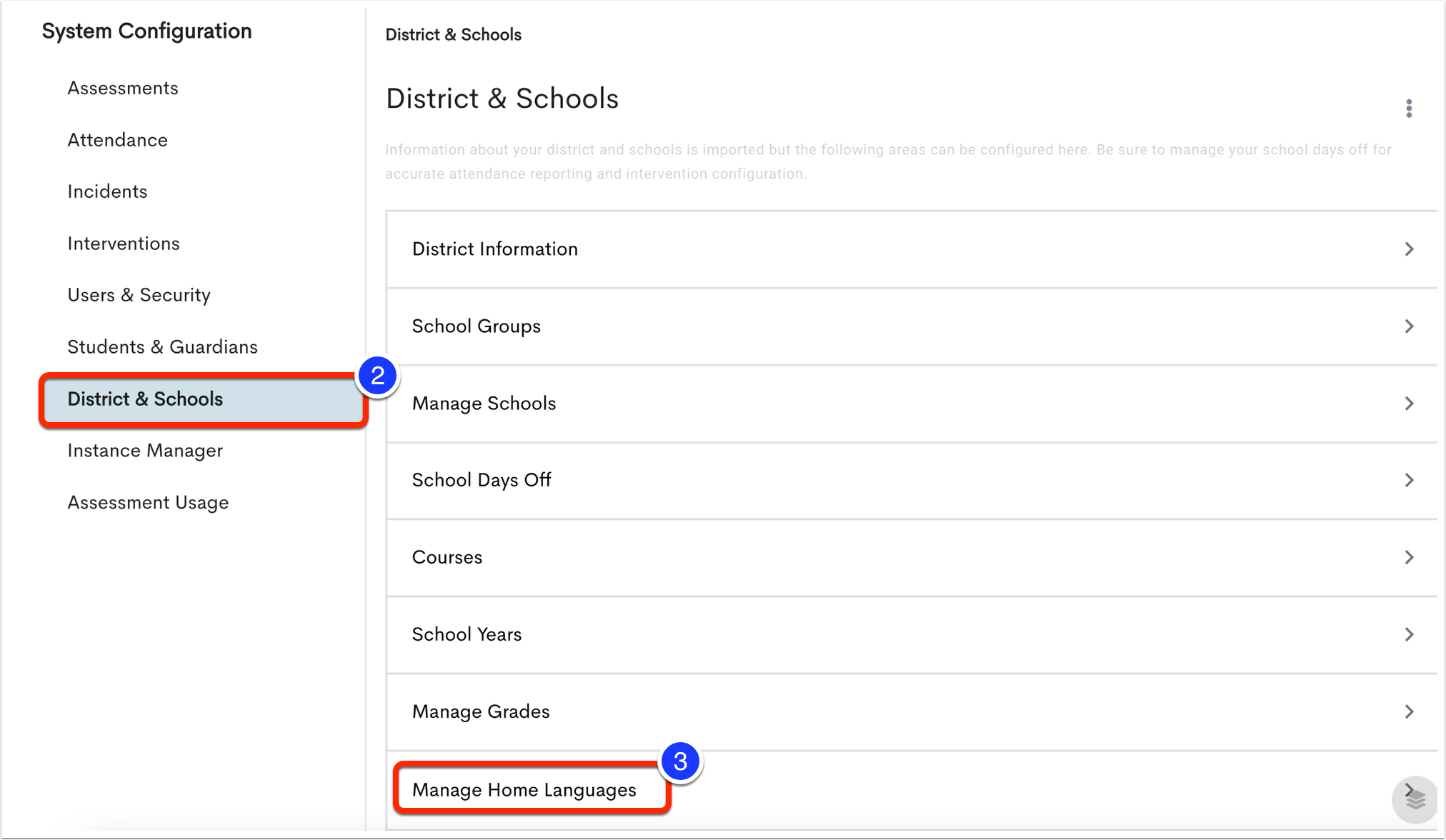 image of the district and schools tab marked as step 2 and home languages marked as step 3