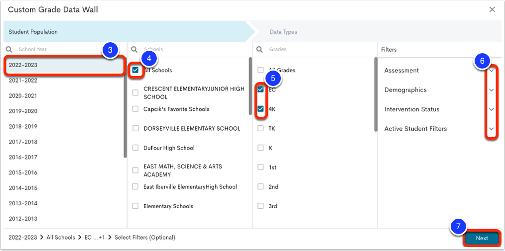 image of student population module with school year selection marked as step 3, school selection marked as step 4, grade selection marked as step 5, dropdown filter menus marked as step 6, and next marked as step 7