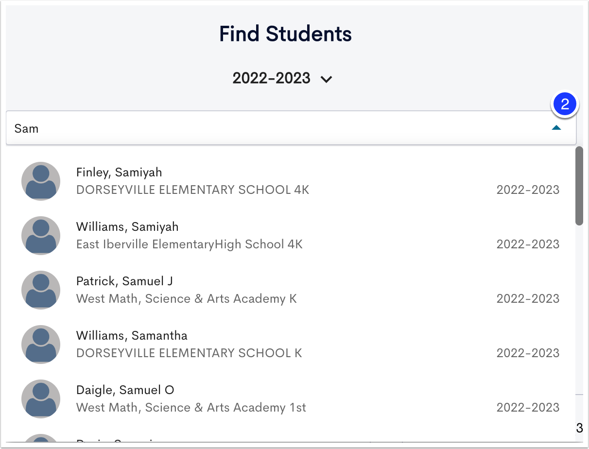 image of find students drop down menu marked as step 2