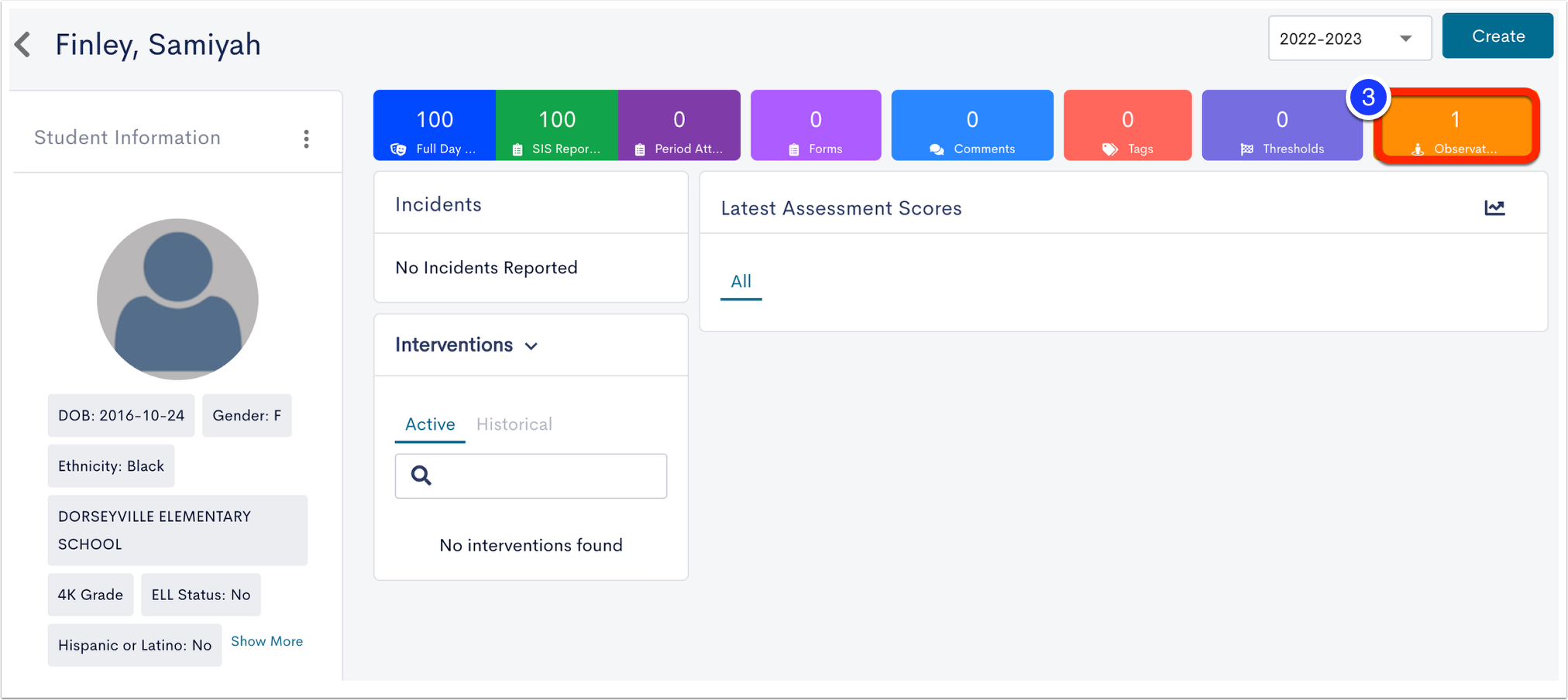 image of student profile page with the observations tab marked as step 2