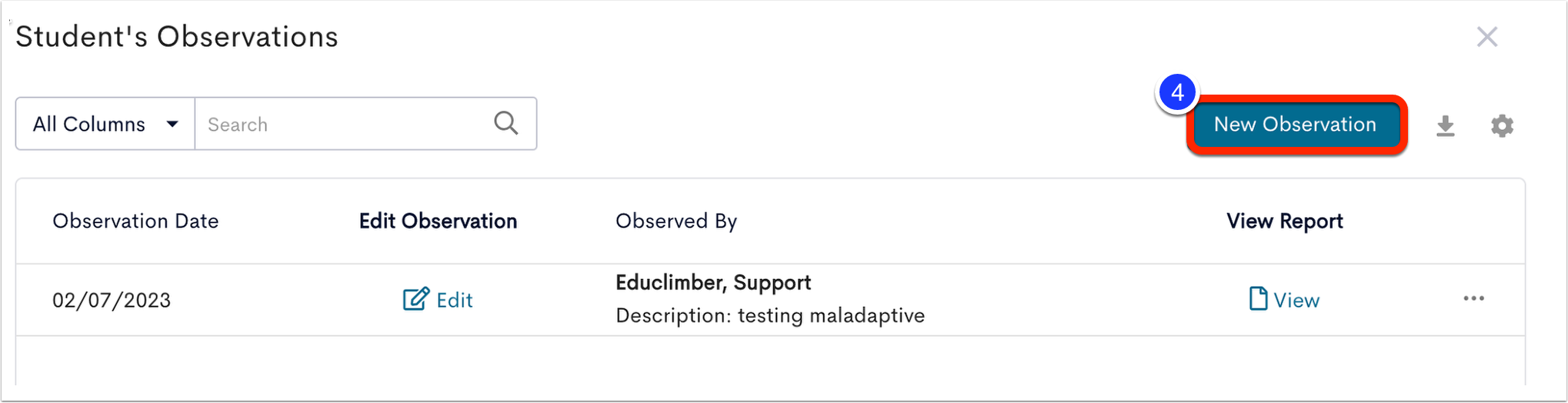 Image of student observations screen with the new observatinos button marked as step 4