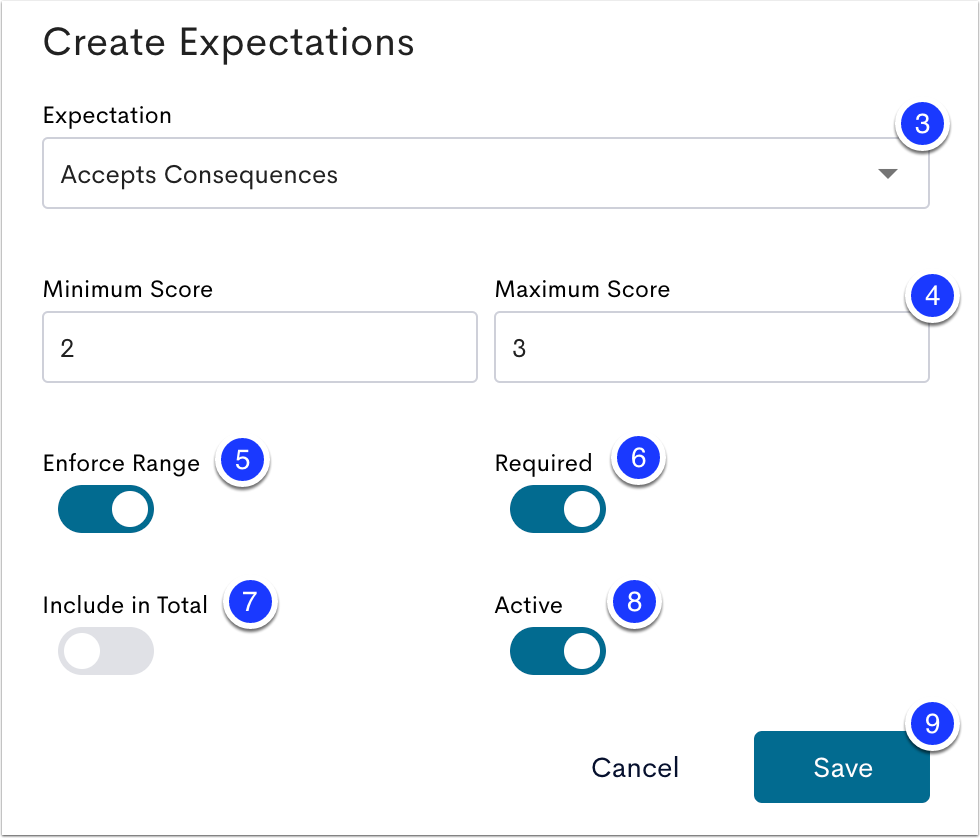 image of create expectations module with expectation drop down marked as step 3, minimum and maximum score marked as step 4, enforce range slider marked as step 5, required slider marked as step 6, include in total slider marked as step 7, the active slider marked as step 8, and the save button marked as step 9
