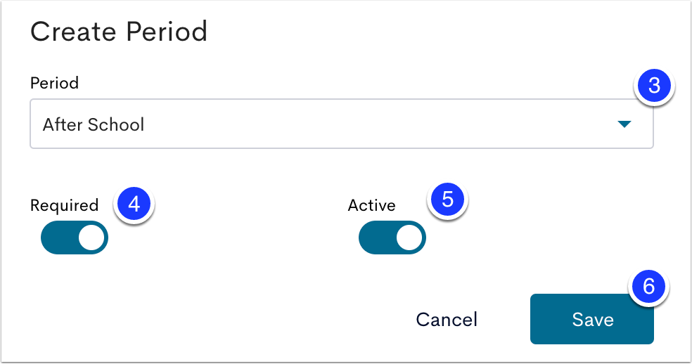 image of the create period module with the dropdown to select a period marked as step 3, required slider marked as step 4, active slider marked as step 5, and the save button marked as step 6