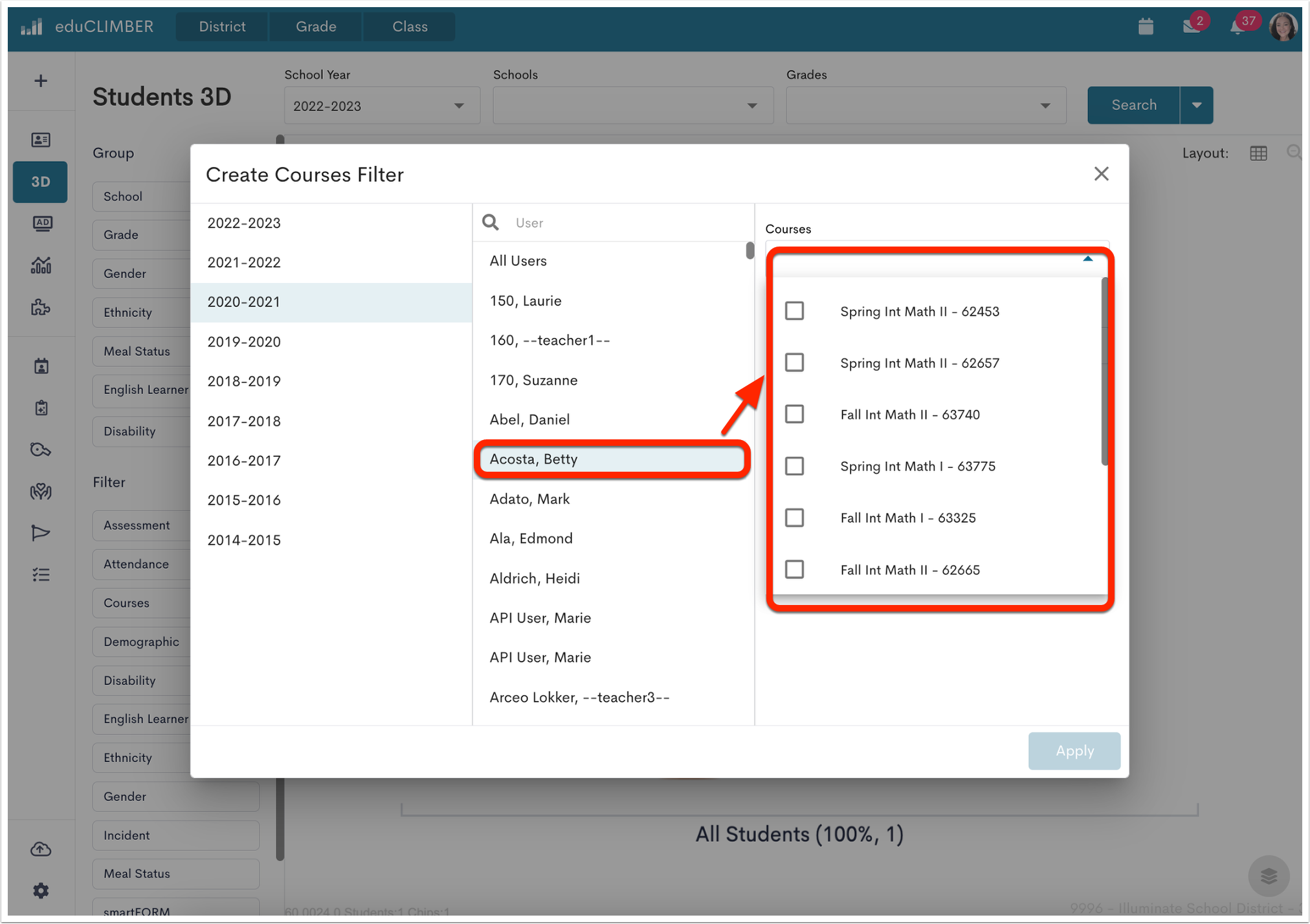 image of Students 3d with the Create Course Filter module open. A users is circled in red with an arrow pointing to their roster also circled in red