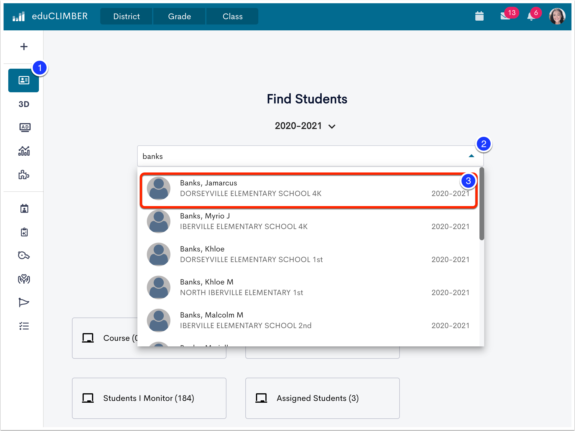 Image of find students page with the student profile button marked as step 1, text box to enter a student name marked as step 2, and selecting a student marked as step 3