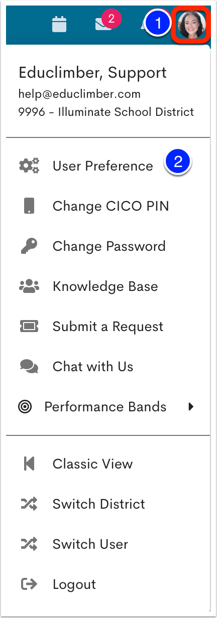 Image of the launchpad with a user's profile icon marked as step 1, and user preference marked as step 2