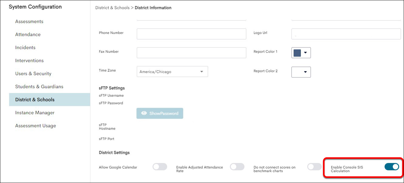 Image shows the System Configuration page, with District & Schools highlighted and selected from the left bar, on the District Information page, with the Enable Console SIS Calculators toggle turned on and highlighted with a red rectangle. 