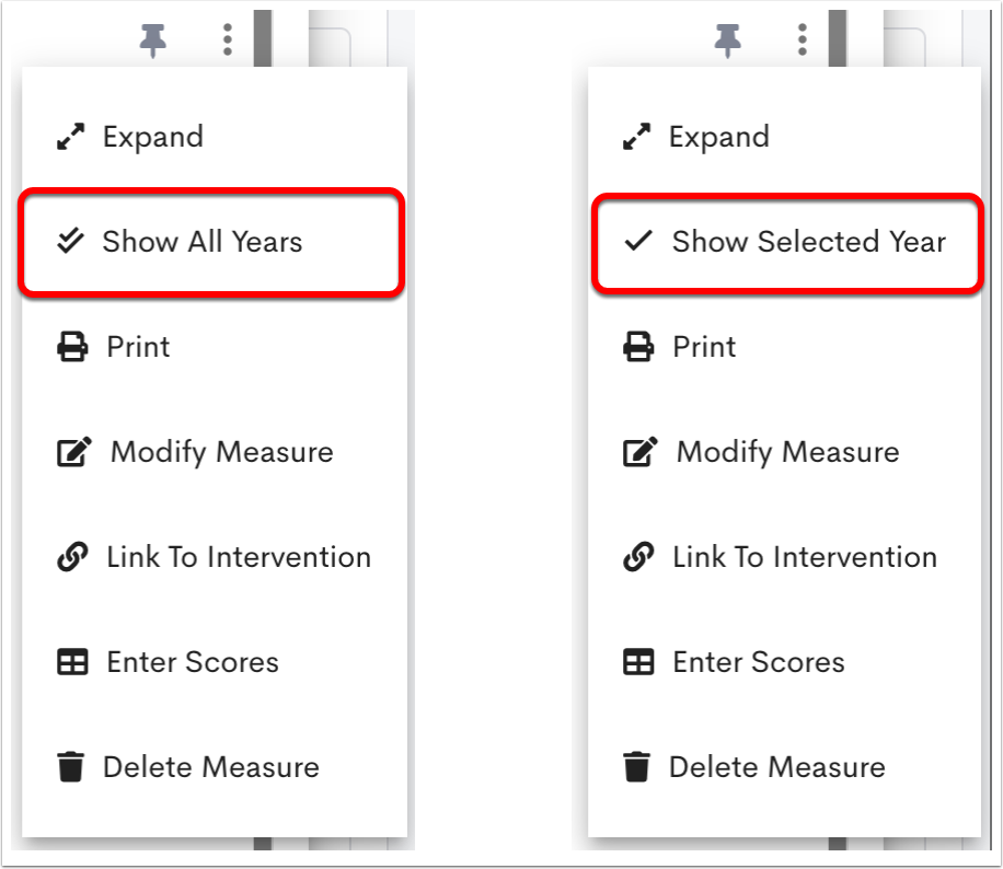 Two images of the 3-dot dropdown menu; one shows the option Show All Years, and the other shows the option Show Selected Year.
