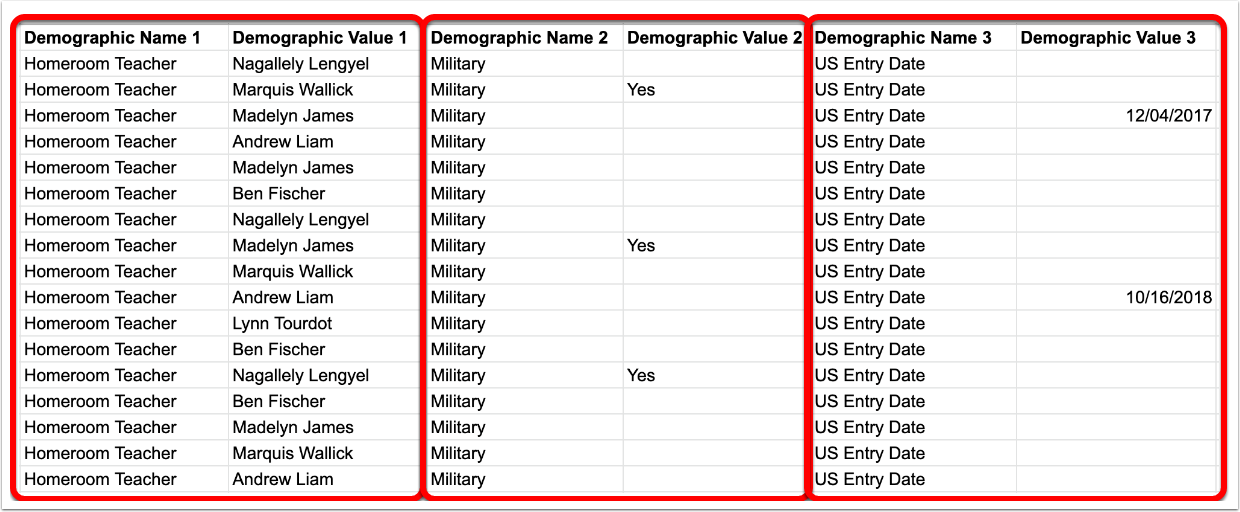 Example of a demographics data import file with column pairs labeled Demographic Name and Demographic Value 1, 2, and 3.