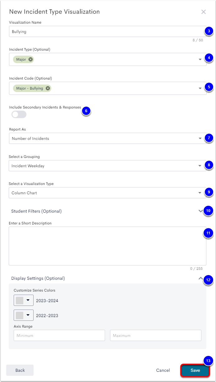 The New Incident Type Visualization popup window with Visualization Name labeled as step 3, Incident Type labeled as step 4, Incident Code labeled as step 5, the Include Secondary Incidents and Responses toggle labeled as step 6, Report As labeled as step 7, Select a Grouping labeled as step 8, Select a Visualization Type labeled as step 9, Student Filters labeled as step 10, Enter a Short Description labeled as step 11, Display Settings labeled as step 12, and the Save button labeled as step 13.