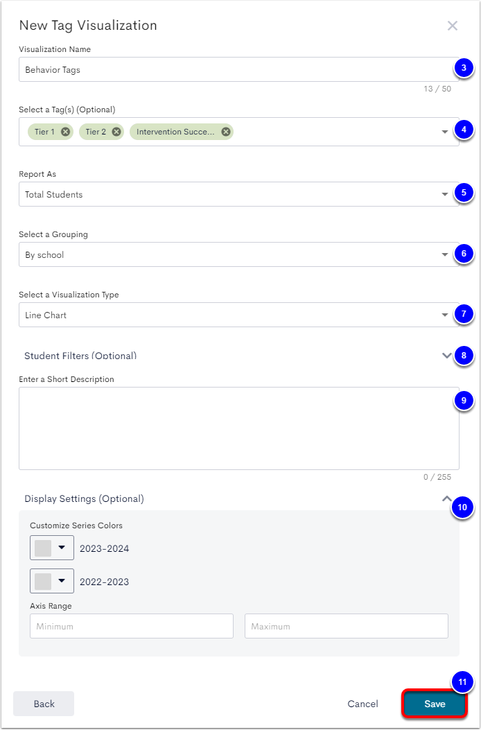 The New Tag Visualization popup window with Visualization Name labled as step 3, Select a Tag labeled as step 4, Report As labeled as step 5, Select a Grouping labeled as step 6, Select a Visualization Type labeled as step 7, Student Filters labeled as step 8, Enter a Short Description labeled as step 9, Display Settings labeled as step 10, and the Save button labeled as step 11.
