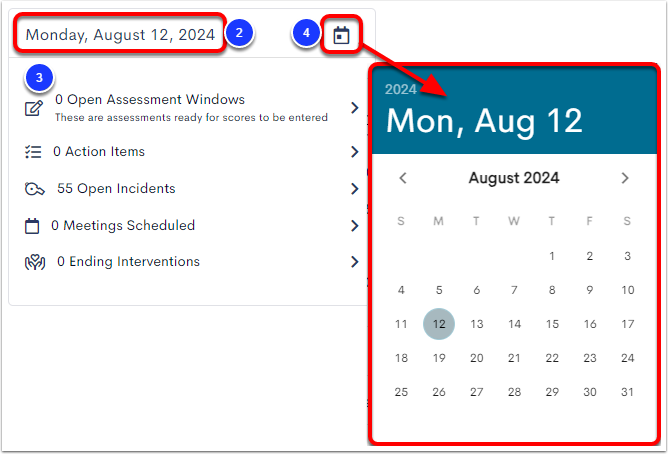 The Calendar widget, with the current date labeled as step 2, the list of caldendar events labeled as step 3, and the calendar icon and calendar pop-up window labeled as step 4.
