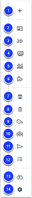 The side navigation bar in eduCLIMBER, with the plus icon labeled as step 1, Student Profile labeled as step 2, Students 3D labeled as step 3, Achievement Dashboard labeled as step 4, Charting labeled as step 5, Collections labeled as step 6, Meetings labeled as step 7, smartFORMS labeled as step 8, Incidents labeled as step 9, Interventions labeled as step 10, Thresholds labeled as step 11, Action Items labeled as step 12, Uploads labeled as step 13, and System Configuration labeled as step 14.