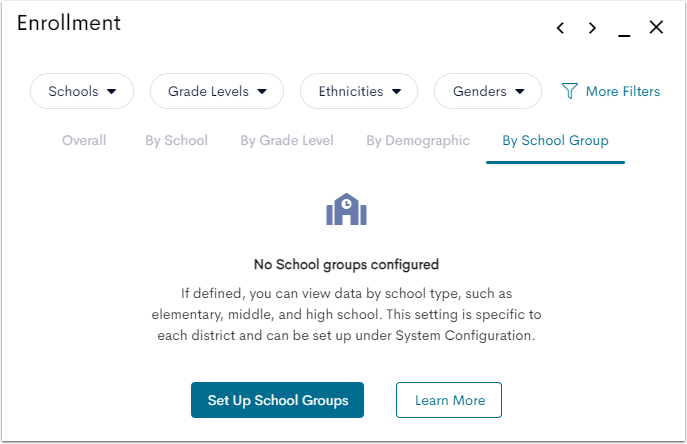 An example Enrollment window with the By School Group view tab selected, and a message stating that no School Groups have been created.