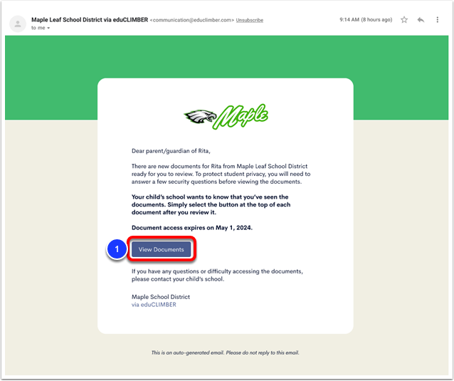 An example auto-generated email from the guardian view, with the View Documents button labeled as step 1.