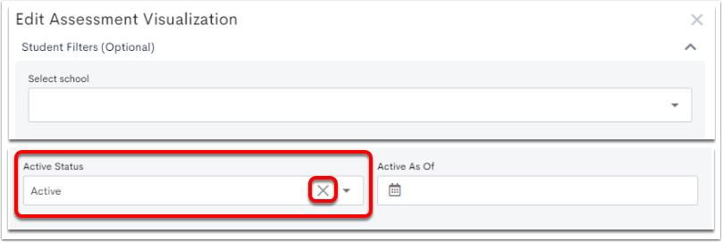The Student Filters menu opened, with the Active Status highlighted and set to Active, with the X to remove the filter also highlighted.