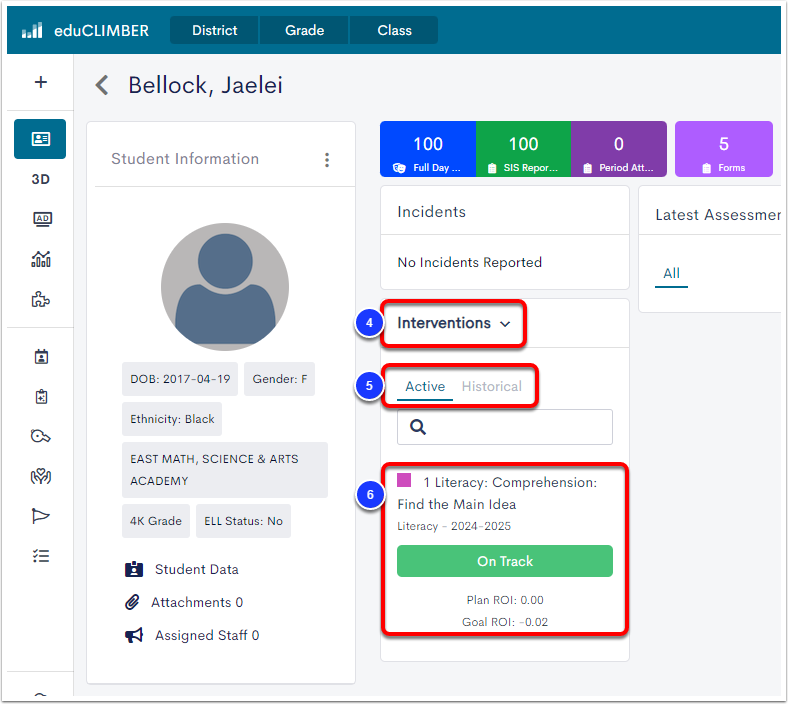 An example student profile, with the Interventions widget labeled as step 4, the Active and Historical tabs labeled as step 5, and an example Intervention labeled as step 6.