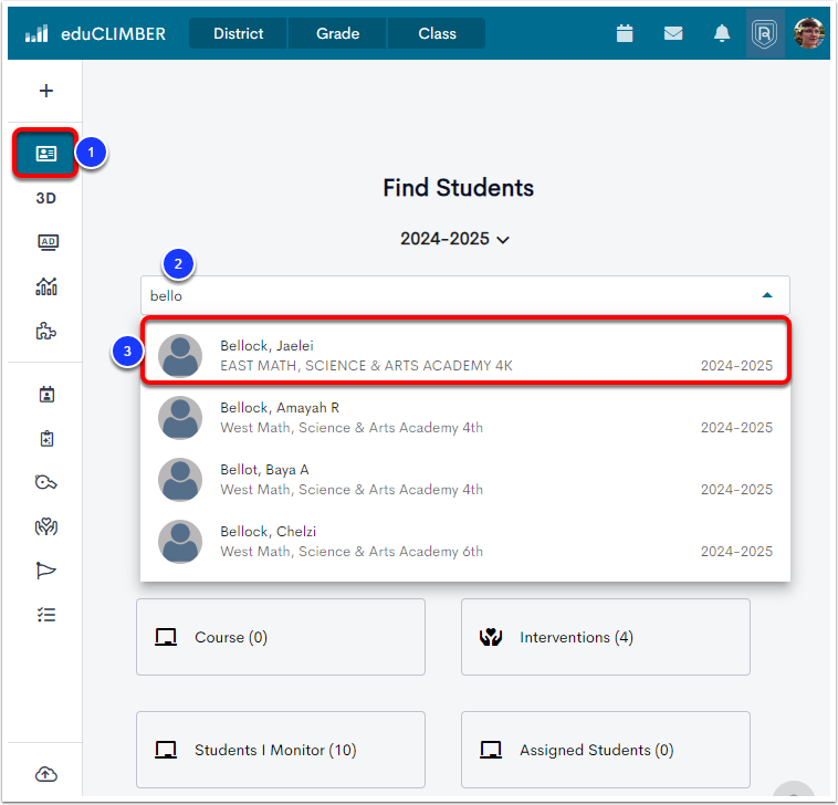 The Student Profile page, with the Student Profile icon labeled as step 1, the student search bar labeled as step 2, and the selected example student labeled as step 3.