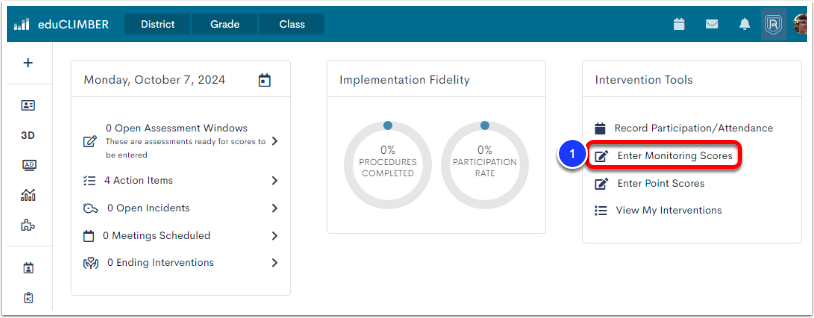 The eduCLIMBER launchpad, with Enter Monitoring Scores labeled as step 1.