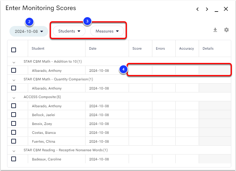 An example Enter Monitoring Scores screen, with the Date dropdown labeled as step 2, the Students and Measures dropdowns labeled as step 3, and the Score, Errors, Accuracy, and Details fields labeled as step 4.
