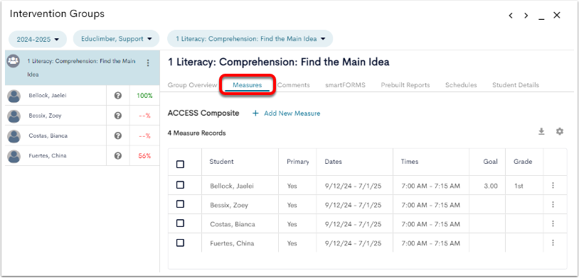 An example Intervention Details page, with the Measures tab highlighted and selected.