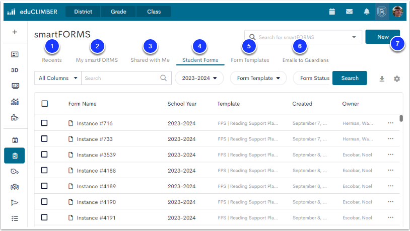 The smartFORMS page, with the Recents tab labeled as step 1, My smartFORMS labeled as step 2, Shared with Me labeled as step 3, Student Forms labeled as step 4, Form Templates labeled as step 5, Guardian Emails labeled as step 6, and the New button labeled as step 7.