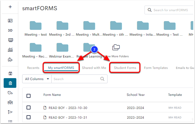 The smartFORMS page, with the My smartFORMS and Student Forms tabs highlighted and labeled as step 2.