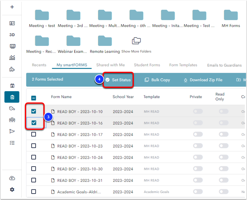The smartFORMS page, with two smartFORMS checkboxes selected and labeled as step 3, and the Set Status option labeled as step 4.
