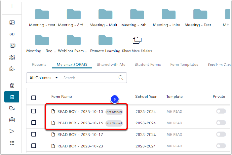 The smartFORMS page, with two smartFORMS updated so that the Not Started status appears in grey bubbles next to the Form Names, labeled as step 8.