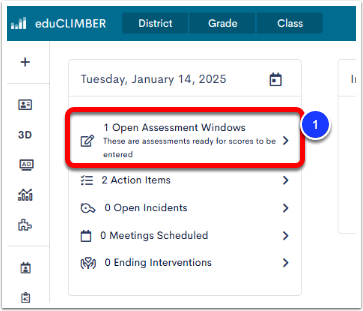 The eduCLIMBER dashboard page, with the Open Assessment Windows option labeled as step 1.