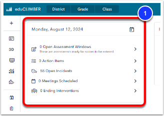 The eduCLIMBER Launchpad page, with the Calendar widget highlighted and labeled as step 1.