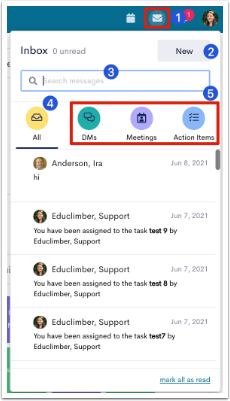 This screenshot captures the main dashboard of eduCLIMBER. The image highlights to navigate to messages within eduCLIMBER. Under message, the user can see Direct Messages, Meetings, or Action Items to view messages