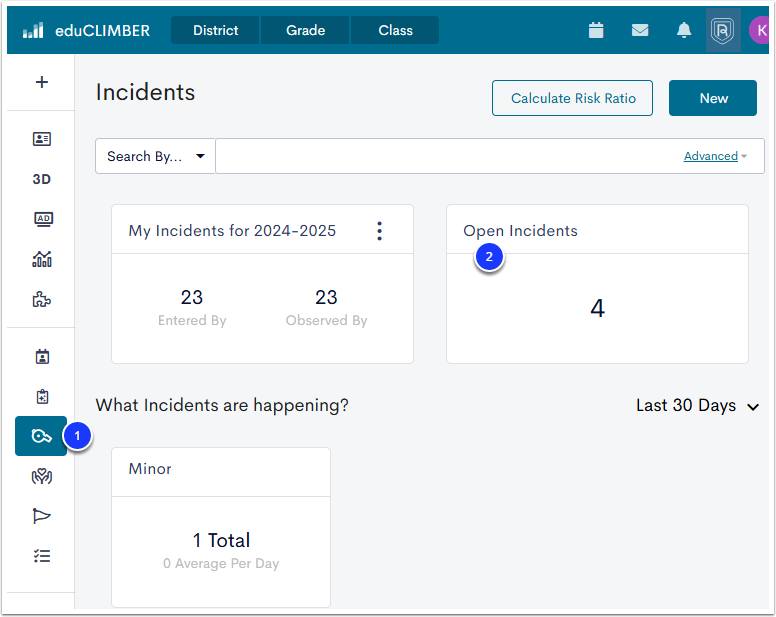 An example Incidents page, with the Incidents button labeled as step 1, and Open Incidents labeled as step 2.