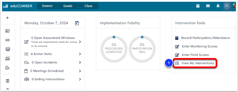 The eduCLIMBER dashboard, with View My Interventions labeled as step 1.