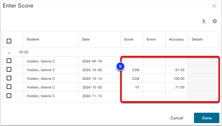 An example Enter Score window, with the editable fields labeled as step 8.