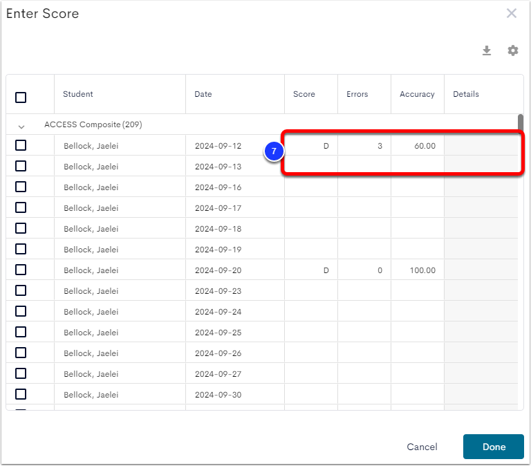 An example Enter Score window, with the editable fields labeled as step 7.