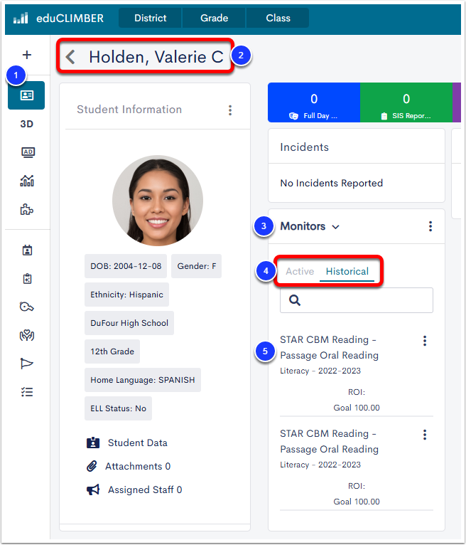 An example Student Profile page, with Student Profile labeled as step 1, the student name labeled as step 2, the Interventions/Monitors widget menu labeled as step 3, the Active and Historical tabs labeled as step 4, and a measure in the list labeled as step 5.
