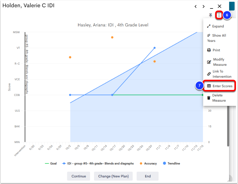 An example Progress Monitoring window, with the 3-dot menu labeled as step 6, and Enter Scores labeled as step 7.