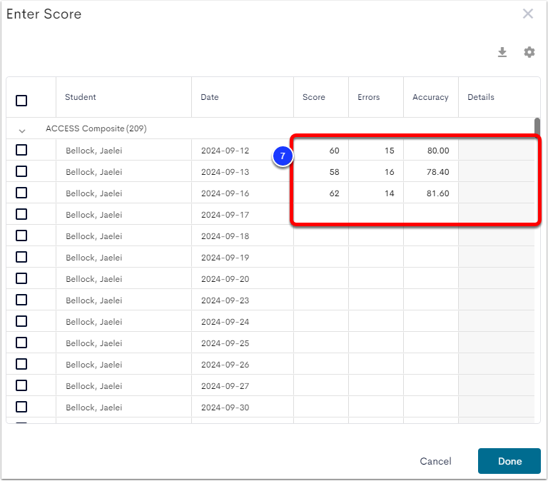 An example Enter Score window, with the editable fields labeled as step 7.