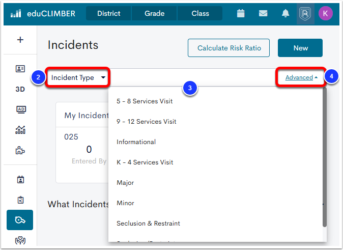 An example Incidents search, with the Search By dropdown labeled as step 2, the search bar and results dropdown labeled as step 3, and Advanced labeled as step 4.