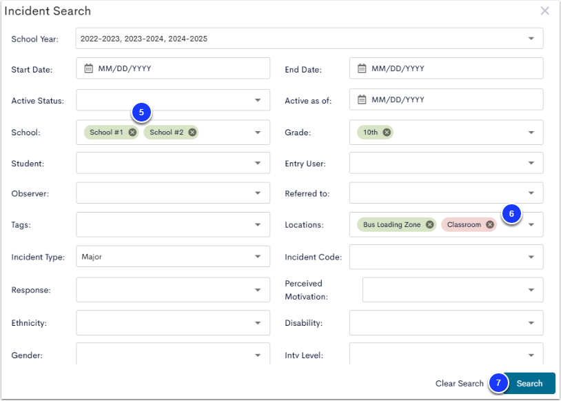 An example Incident Search page, with two green filters labeled as step 5, a red filter labeled as step 6, and the Search button labeled as step 7.