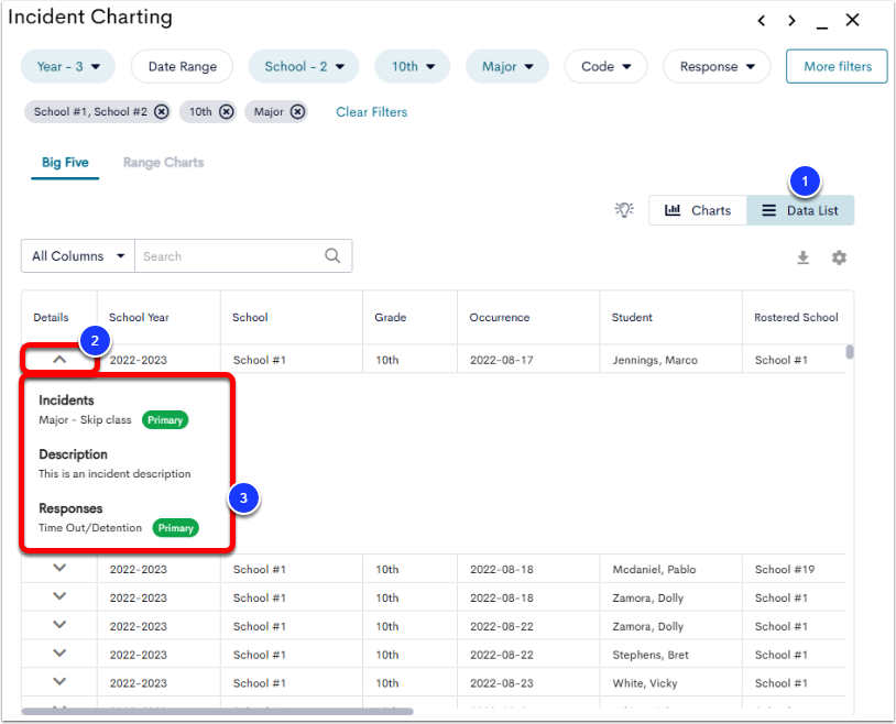 An example Incident Charting page, with the Data List view selected and labeled as step 1, a Details down arrow labeled as step 2, and the revealed details labeled as step 3.