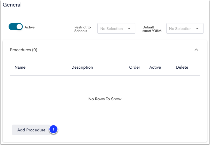 The Procedures menu, with the Add Procedure button labeled as step 1.