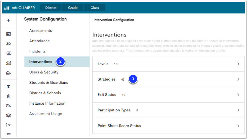 An example Interventions page, with the Interventions tab labeled as step 2, and the Strategies option labeled as step 3.