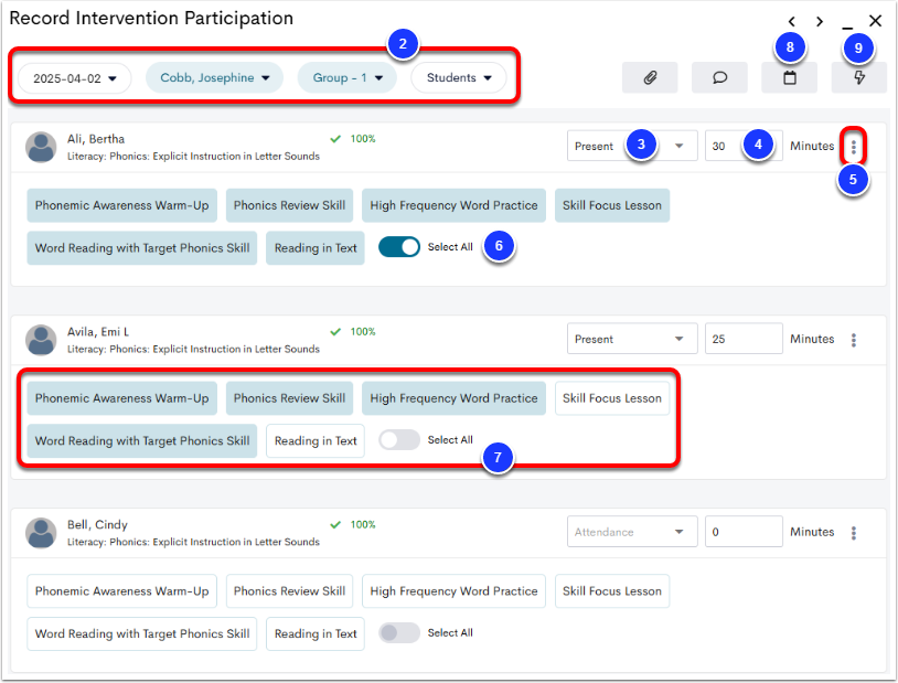 An example Record Intervention Participation menu, with the filters labeled as step 2, the Attendance dropdown labeled as step 3, the duration field labeled as step 4, the 3-dot menu labeled as step 5, the Select All toggle labeled as step 6, a selection of procedures labeled as step 7, the calendar icon labeled as step 8, and the lightning bolt icon labeled as step 9.