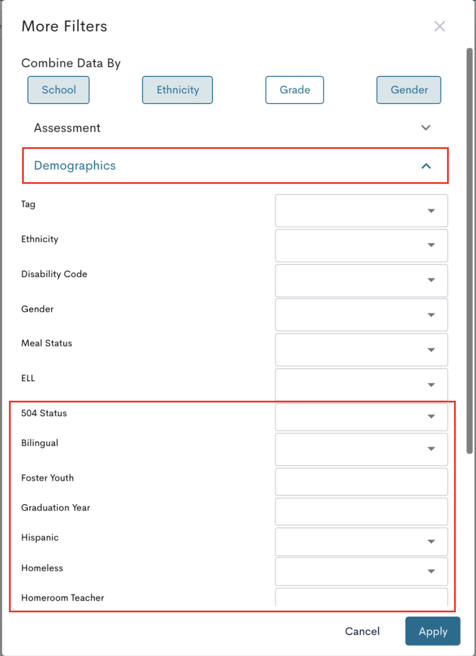 Image displays an example filter menu with the demographics filter options highlighted with a red rectangle.