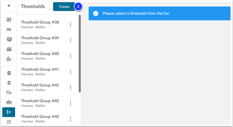 An example Thresholds page, with the Create button labeled as step 2.