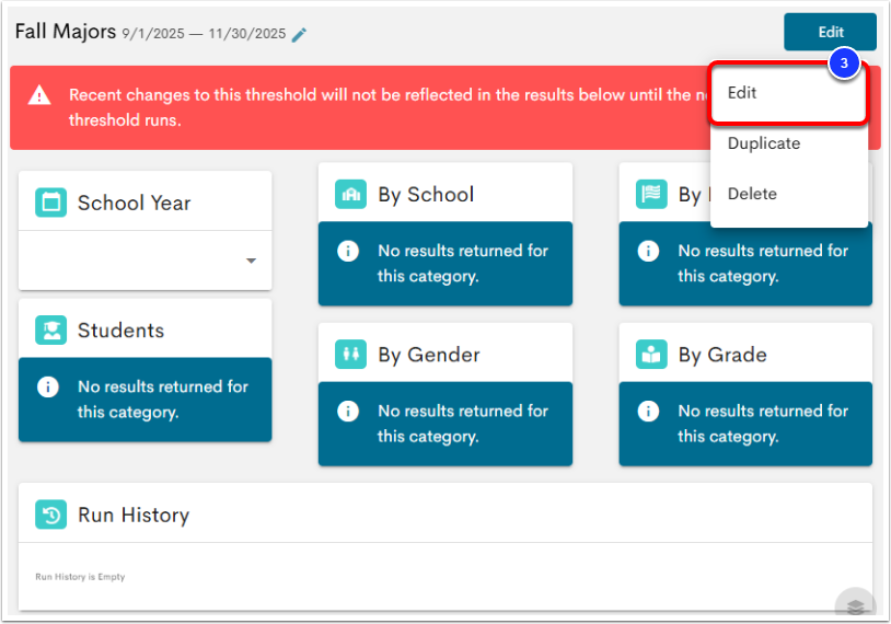 An example selected Threshold, with the Edit button and Edit option in the dropdown menu labeled as step 3.