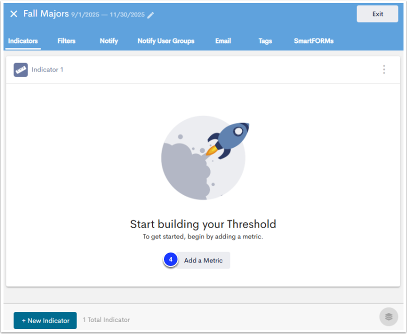 An example Threshold edit screen, with Add a Metric labeled as step 4.