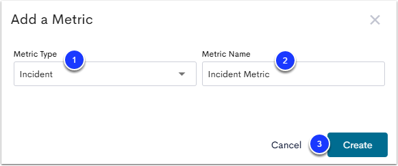The Add a Metric menu, with the Metric Type set to Incident and labeled as step 1, Metric Name labeled as step 2, and the Create button labeled as step 3.